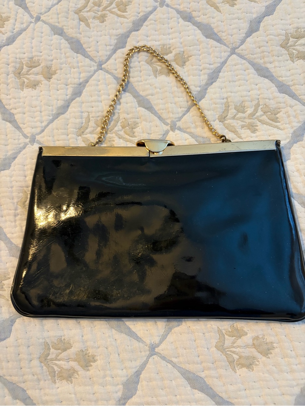 Elegant Black Patent Frame Clutch with Gold Chain